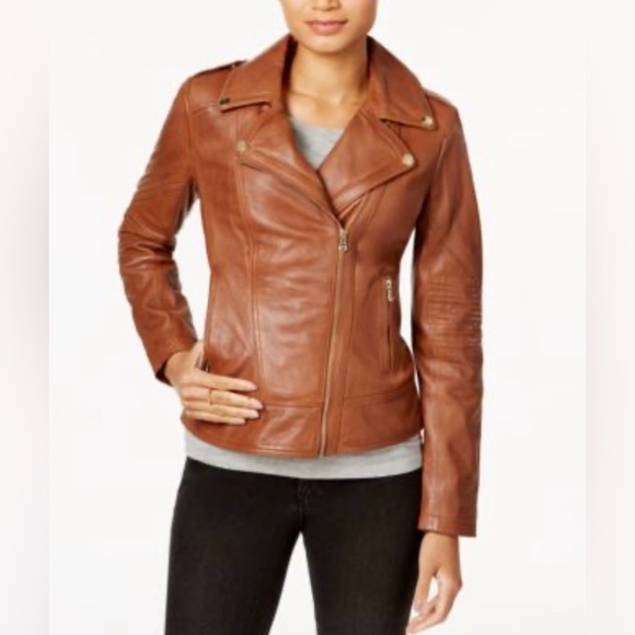 Guess Womens Brown Faux Leather Moto‎ Jacket Asymmetrical Zipper - Picture 1 of 13